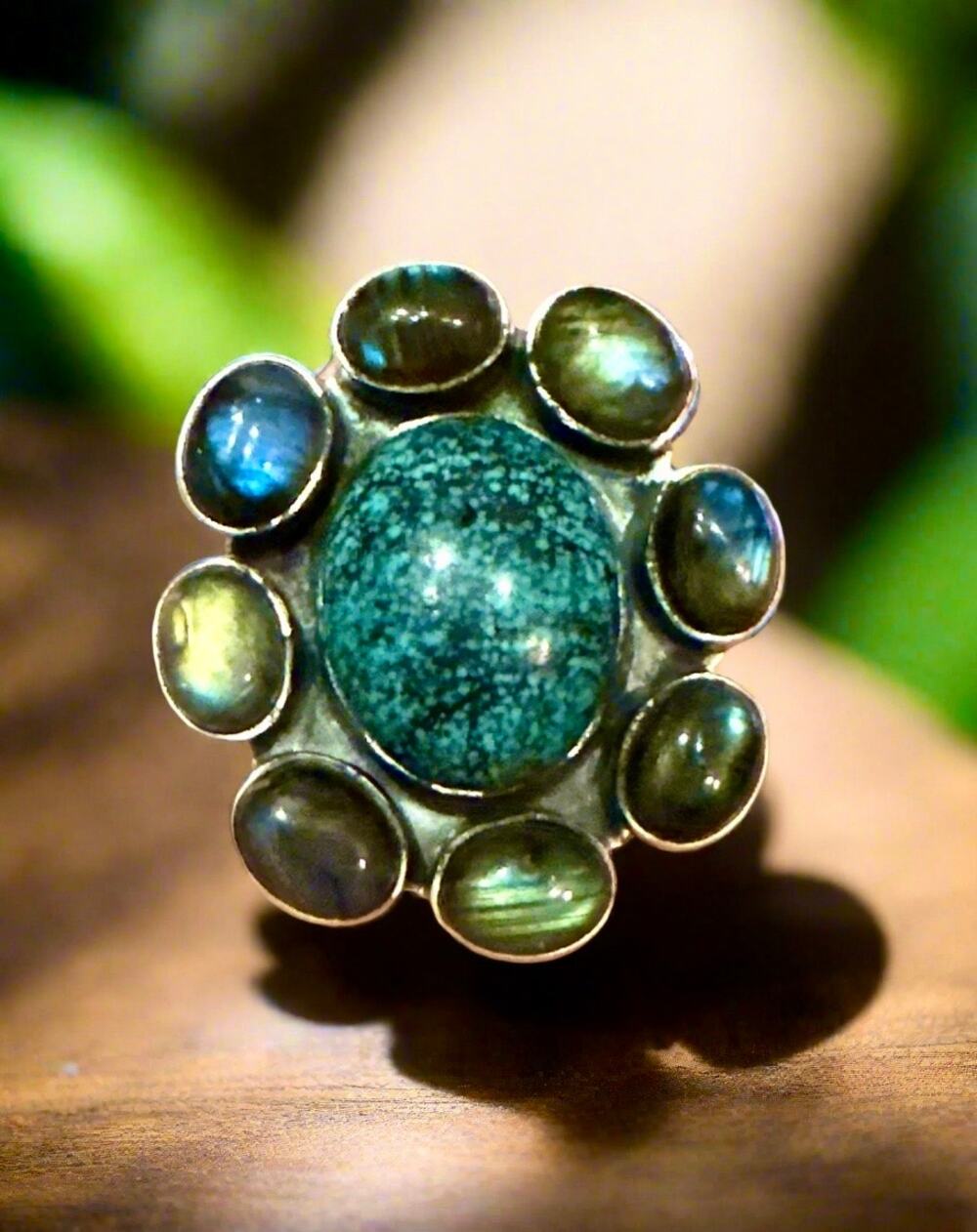 Spiderweb Turquoise & Labradorite Oval Cluster Ring Size 10
